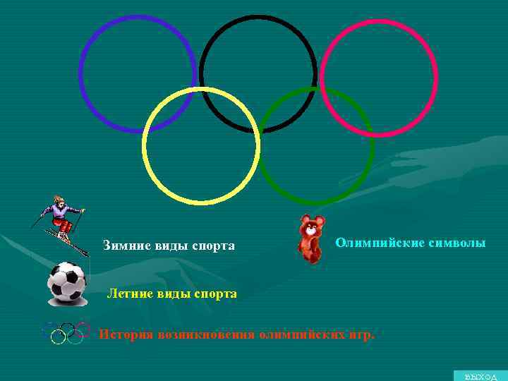 Зимние виды спорта. Олимпийские символы Летние виды спорта. История возникновения олимпийских игр. выход 