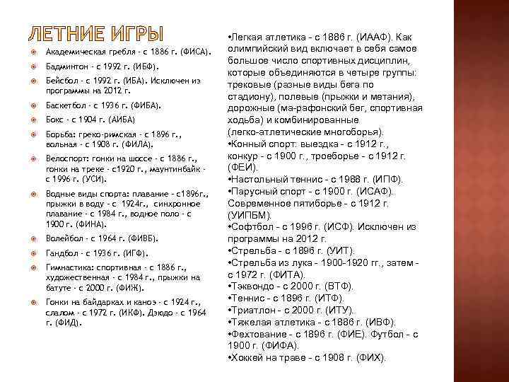  Академическая гребля - с 1886 г. (ФИСА). Бадминтон - с 1992 г. (ИБФ).