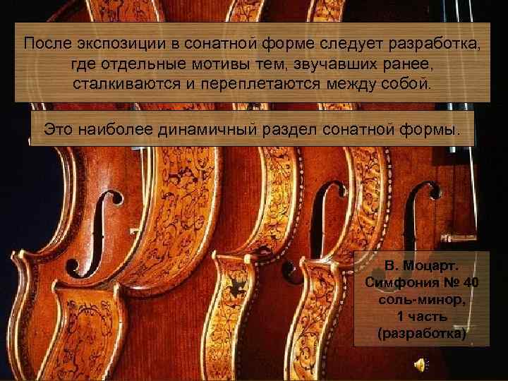После экспозиции в сонатной форме следует разработка, где отдельные мотивы тем, звучавших ранее, сталкиваются