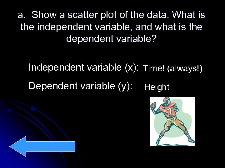a. Show a scatter plot of the data. What is the independent variable, and