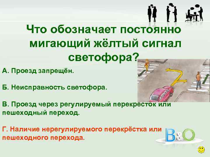 Что обозначает постоянно мигающий жёлтый сигнал светофора? А. Проезд запрещён. Б. Неисправность светофора. В.