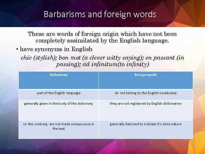 Barbarisms and foreign words These are words of foreign origin which have not been