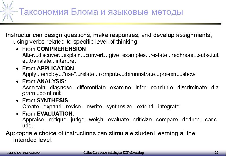 Таксономия Блома и языковые методы Instructor can design questions, make responses, and develop assignments,