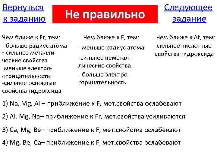 Вернуться к заданию Не правильно Чем ближе к Fr, тем: - больше радиус атома