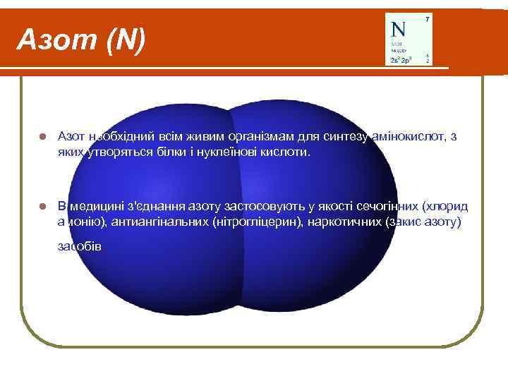 Азот (N) l Азот необхідний всім живим організмам для синтезу амінокислот, з яких утворяться