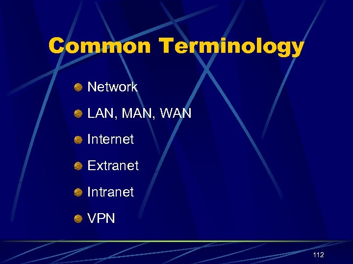 Common Terminology Network LAN, MAN, WAN Internet Extranet Intranet VPN 112 