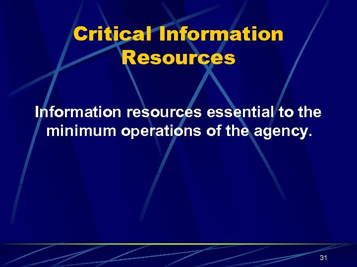 Critical Information Resources Information resources essential to the minimum operations of the agency. 31