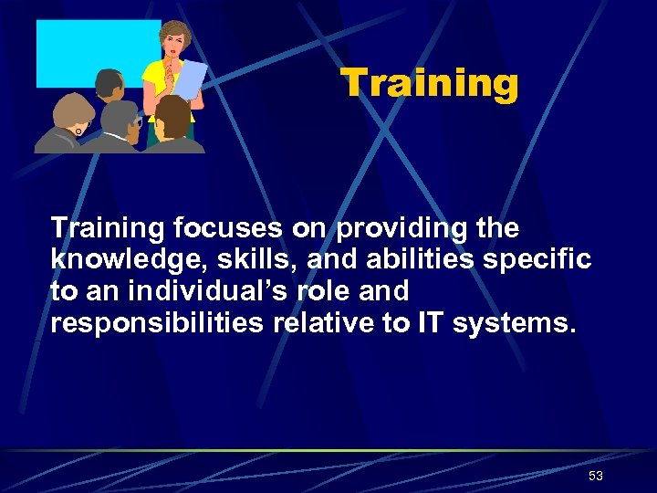 Training focuses on providing the knowledge, skills, and abilities specific to an individual’s role