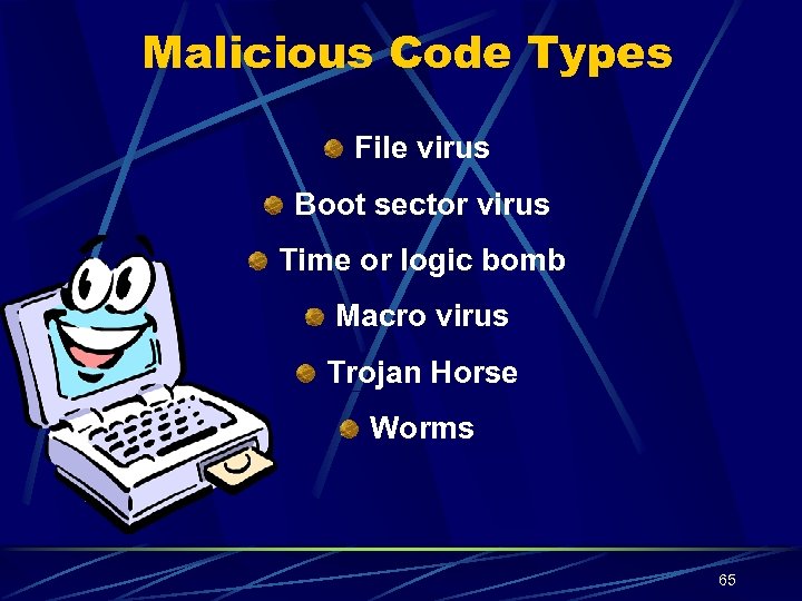 Malicious Code Types File virus Boot sector virus Time or logic bomb Macro virus