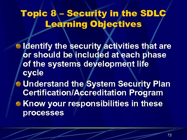 Topic 8 – Security in the SDLC Learning Objectives Identify the security activities that
