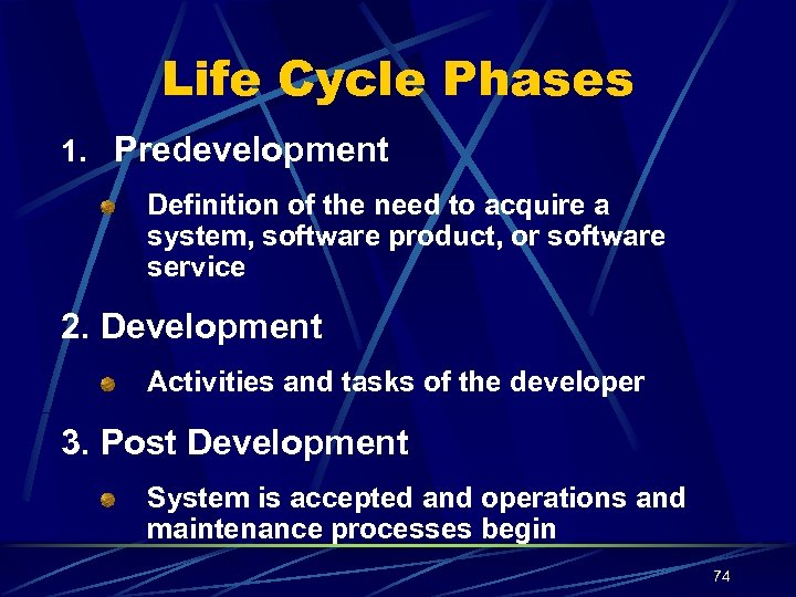 Life Cycle Phases 1. Predevelopment Definition of the need to acquire a system, software