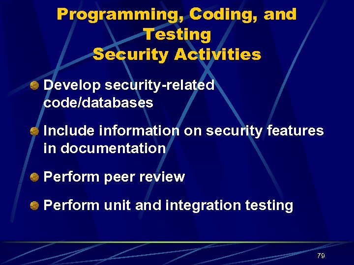 Programming, Coding, and Testing Security Activities Develop security-related code/databases Include information on security features