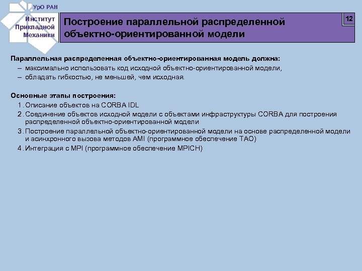 Ур. О РАН Институт Прикладной Механики Построение параллельной распределенной объектно-ориентированной модели 12 Параллельная распределенная