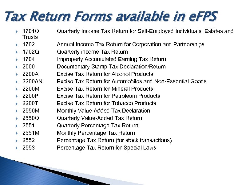 Tax Return Forms available in e. FPS 1701 Q Trusts 1702 Q 1704 2000