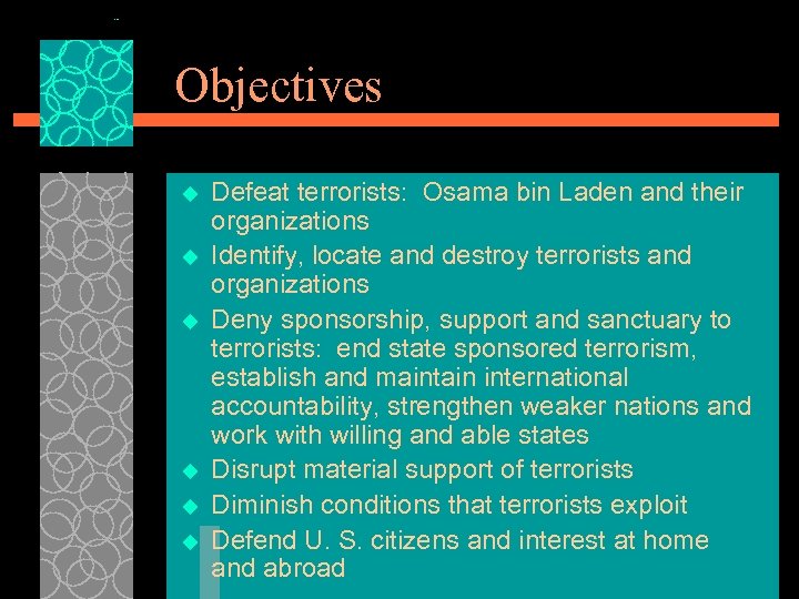 Objectives u u u Defeat terrorists: Osama bin Laden and their organizations Identify, locate
