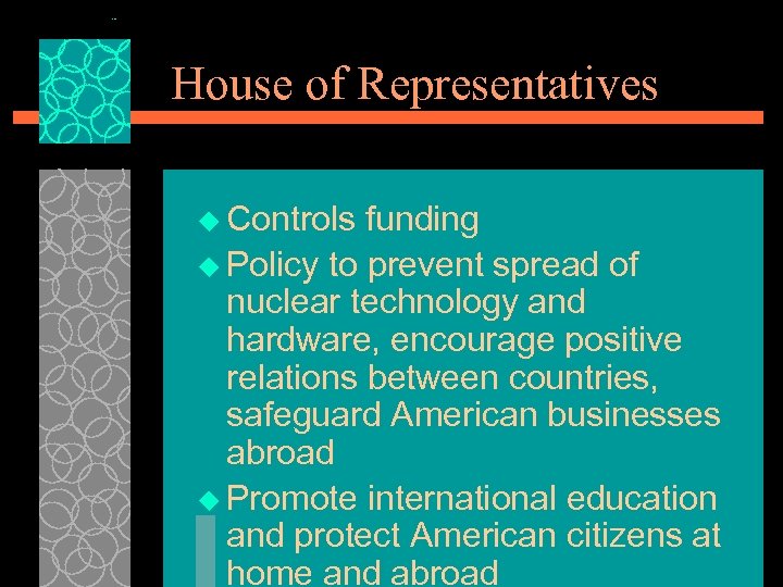 House of Representatives u Controls funding u Policy to prevent spread of nuclear technology