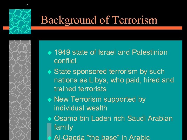 Background of Terrorism 1949 state of Israel and Palestinian conflict u State sponsored terrorism