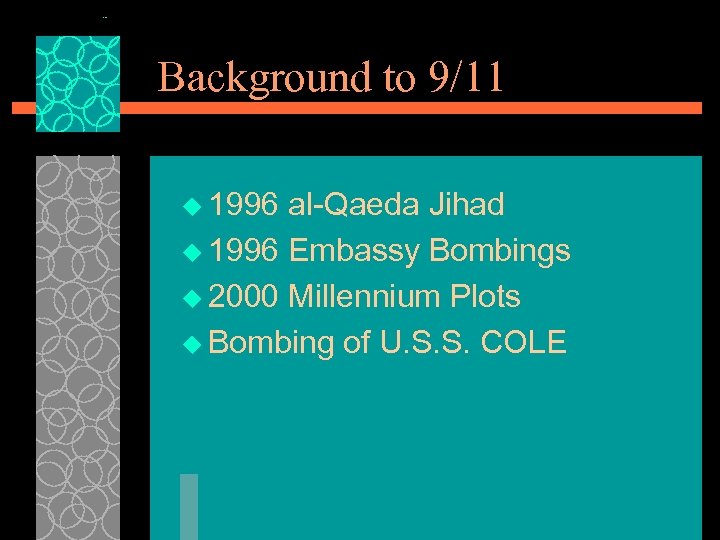 Background to 9/11 u 1996 al-Qaeda Jihad u 1996 Embassy Bombings u 2000 Millennium