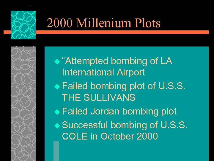 2000 Millenium Plots u “Attempted bombing of LA International Airport u Failed bombing plot