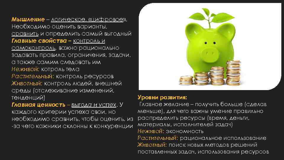 Мышление – логическое, «цифровое» . Необходимо оценить варианты, сравнить и определить самый выгодный Главные