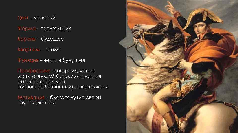 Цвет – красный Форма – треугольник Корень – будущее Квартель – время Функция –