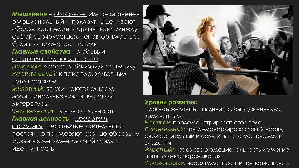 Мышление – образное. Им свойственен эмоциональный интеллект. Оценивают образы как целое и сравнивают между