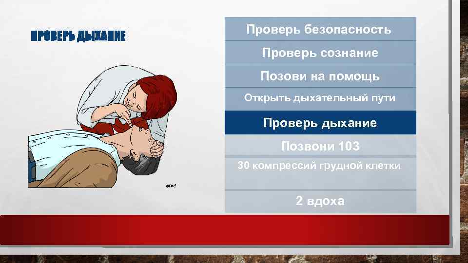 ПРОВЕРЬ ДЫХАНИЕ Проверь безопасность Проверь сознание Позови на помощь Открыть дыхательный пути Проверь дыхание