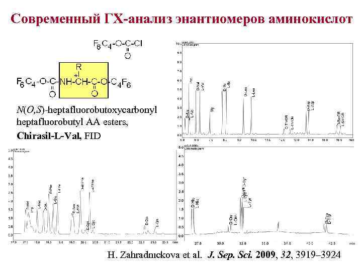 Современный ГХ-анализ энантиомеров аминокислот N(O, S)-heptafluorobutoxycarbonyl heptafluorobutyl АА esters, Chirasil-L-Val, FID H. Zahradnıсkova et