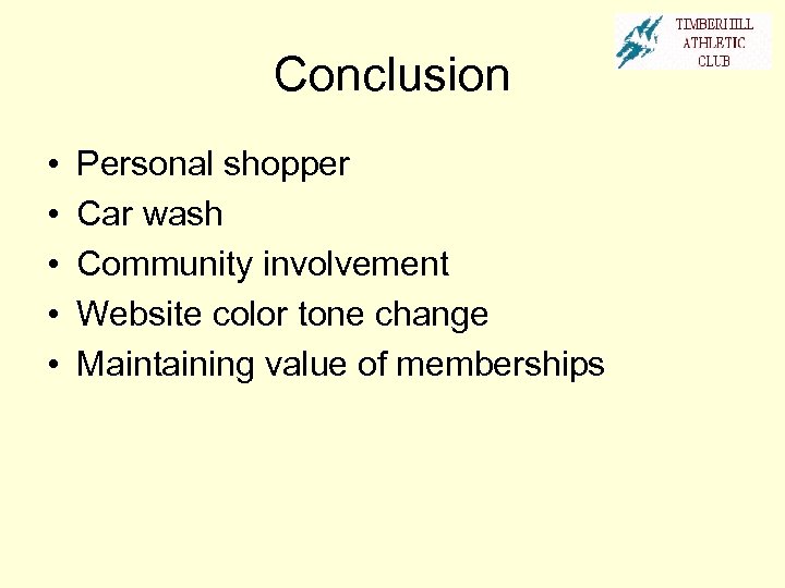 Conclusion • • • Personal shopper Car wash Community involvement Website color tone change