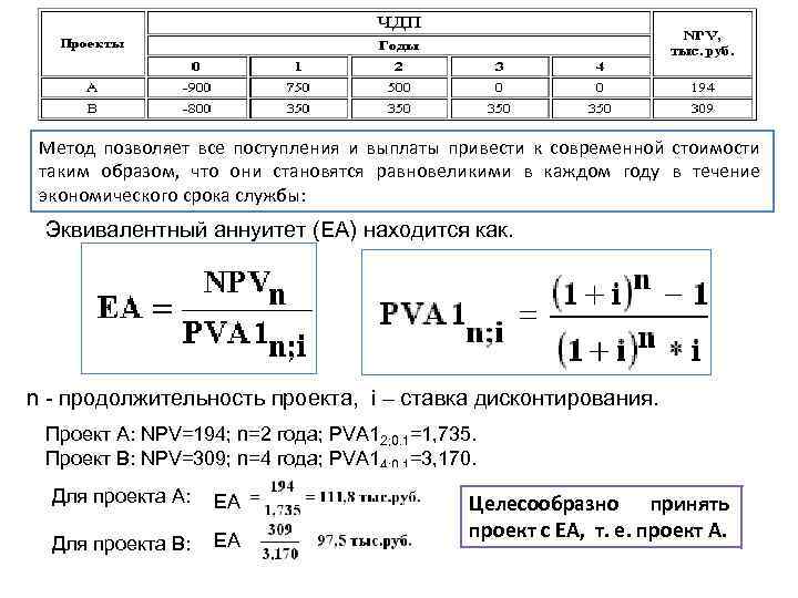 Метод позволяет все поступления и выплаты привести к современной стоимости таким образом, что они