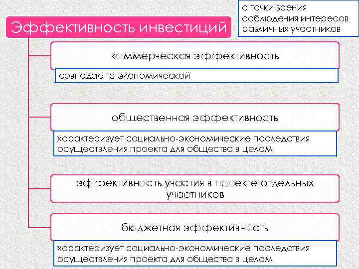 Эффективность инвестиций с точки зрения соблюдения интересов различных участников коммерческая эффективность совпадает с экономической