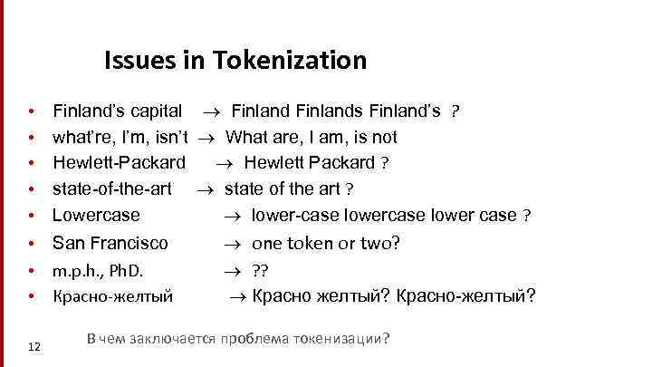 Issues in Tokenization • • • Finland’s capital Finlands Finland’s ? what’re, I’m, isn’t