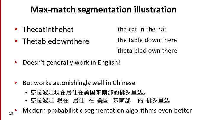 Max-match segmentation illustration • Thecatinthehat • Thetabledownthere the cat in the hat the table