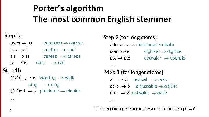 Porter’s algorithm The most common English stemmer Step 1 a sses ss caresses caress