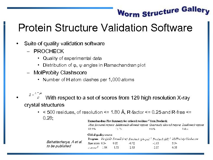 Protein Structure Validation Software • Suite of quality validation software – PROCHECK • Quality