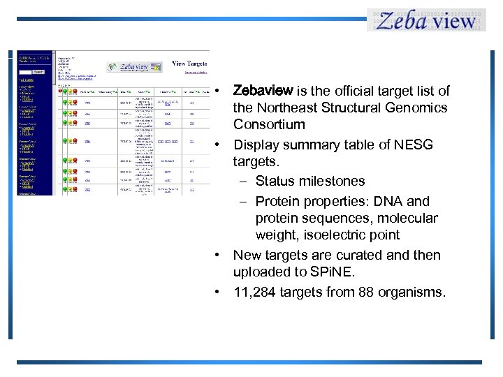  • Zebaview is the official target list of the Northeast Structural Genomics Consortium