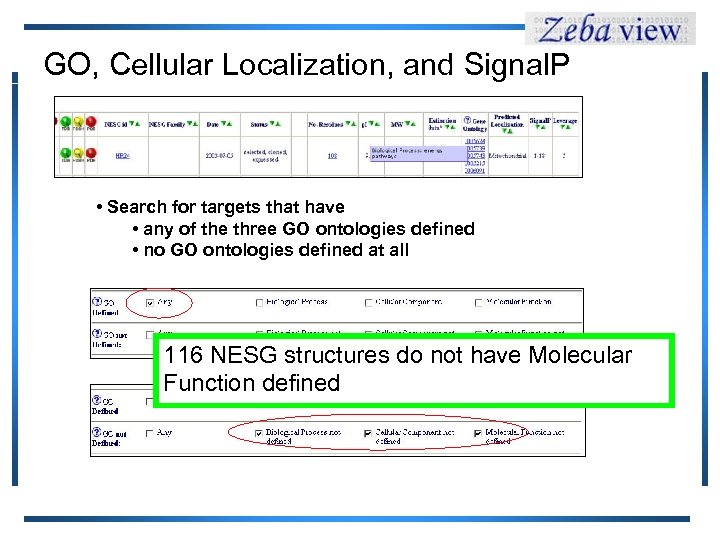 GO, Cellular Localization, and Signal. P • Search for targets that have • any