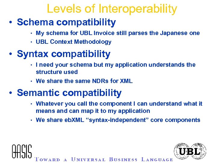 Levels of Interoperability • Schema compatibility • My schema for UBL Invoice still parses