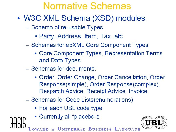 Normative Schemas • W 3 C XML Schema (XSD) modules – Schema of re-usable
