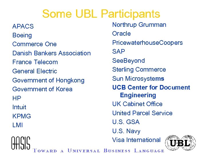 Some UBL Participants APACS Boeing Commerce One Danish Bankers Association France Telecom General Electric