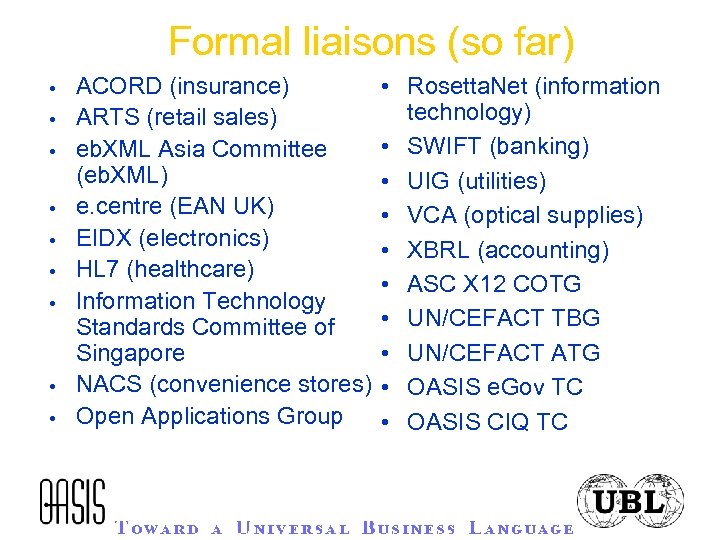 Formal liaisons (so far) • • • ACORD (insurance) ARTS (retail sales) eb. XML