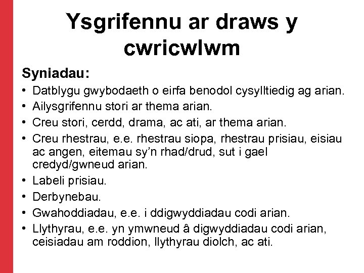 Ysgrifennu ar draws y cwricwlwm Syniadau: • Datblygu gwybodaeth o eirfa benodol cysylltiedig ag