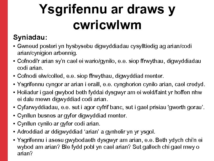 Ysgrifennu ar draws y cwricwlwm Syniadau: • Gwneud posteri yn hysbysebu digwyddiadau cysylltiedig ag