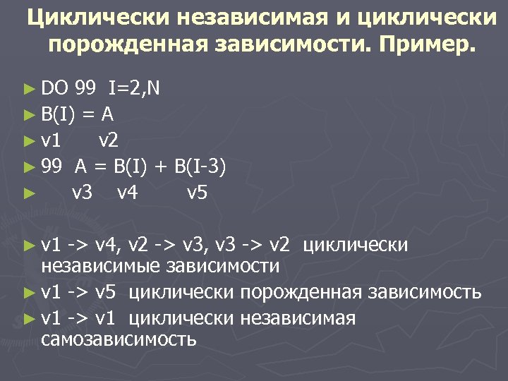 Циклически независимая и циклически порожденная зависимости. Пример. ► DO 99 I=2, N ► B(I)