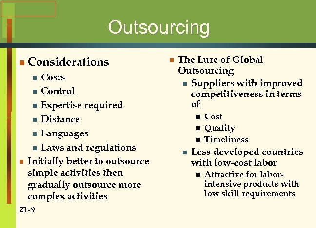 Outsourcing n Considerations Costs n Control n Expertise required n Distance n Languages n