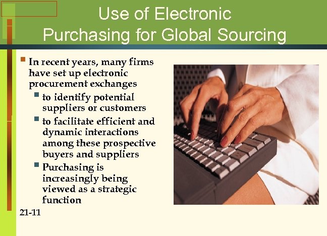 Use of Electronic Purchasing for Global Sourcing § In recent years, many firms have