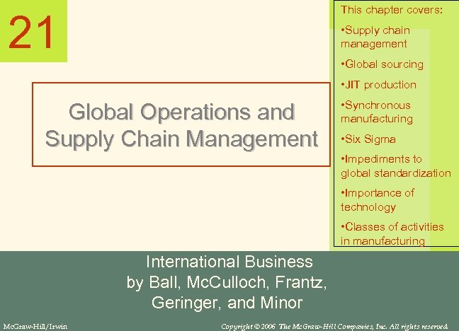 This chapter covers: 21 • Supply chain management • Global sourcing • JIT production