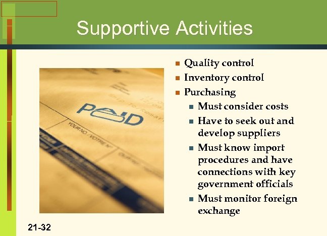 Supportive Activities n n n 21 -32 Quality control Inventory control Purchasing n Must