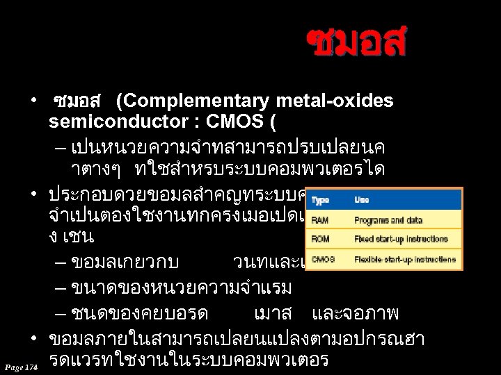 ซมอส • ซมอส (Complementary metal-oxides semiconductor : CMOS ( – เปนหนวยความจำทสามารถปรบเปลยนค าตางๆ ทใชสำหรบระบบคอมพวเตอรได •