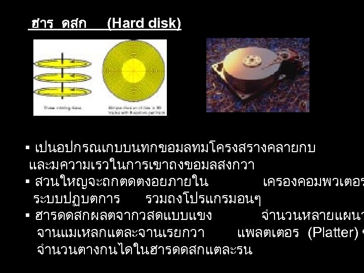  ฮาร ดสก (Hard disk) เปนอปกรณเกบบนทกขอมลทมโครงสรางคลายกบ และมความเรวในการเขาถงขอมลสงกวา สวนใหญจะถกตดตงอยภายใน เครองคอมพวเตอร ระบบปฏบตการ รวมถงโปรแกรมอนๆ ฮารดดสกผลตจากวสดแบบแขง จำนวนหลายแผนว จานแมเหลกแตละจานเรยกวา